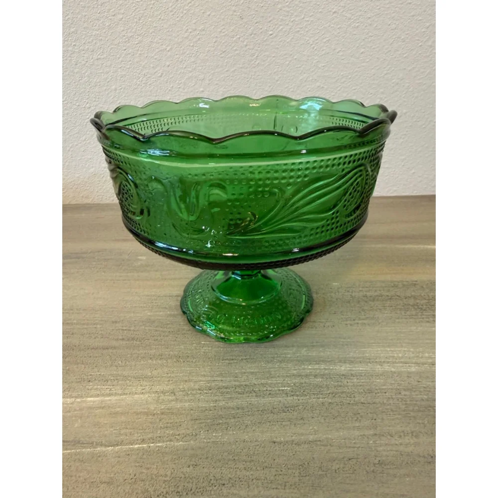 Vintage E.O. Brody Co. Emerald Green Pedestal Glass Bowl Candy Dish MCM